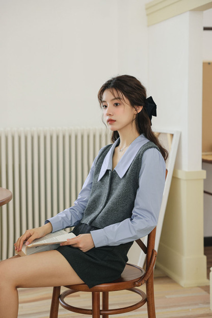 Khale Faux Two-piece Vest & Blouse 假两件马甲拼接衬衫