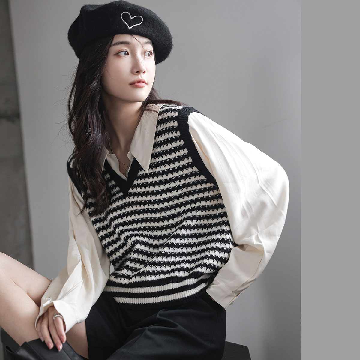 Faux Layered Knit Vest Shirt 知性小姐姐~假两件针织马甲长袖衬衫*2 Colors