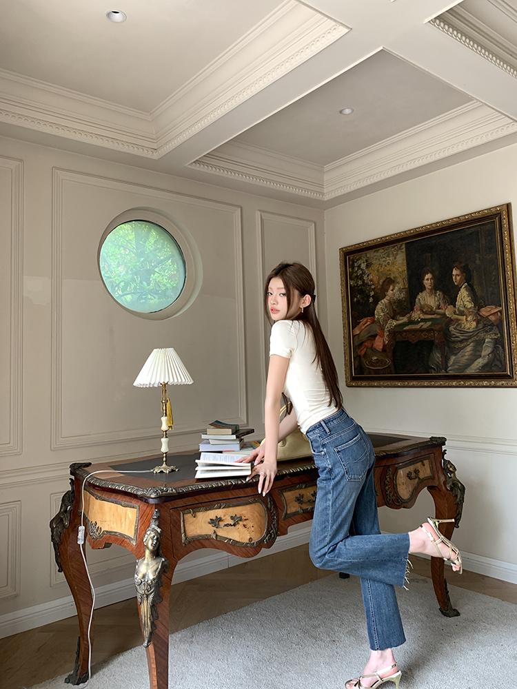 荡领设计短袖t恤 slim-fit pleated short-sleeve T-shirt for women