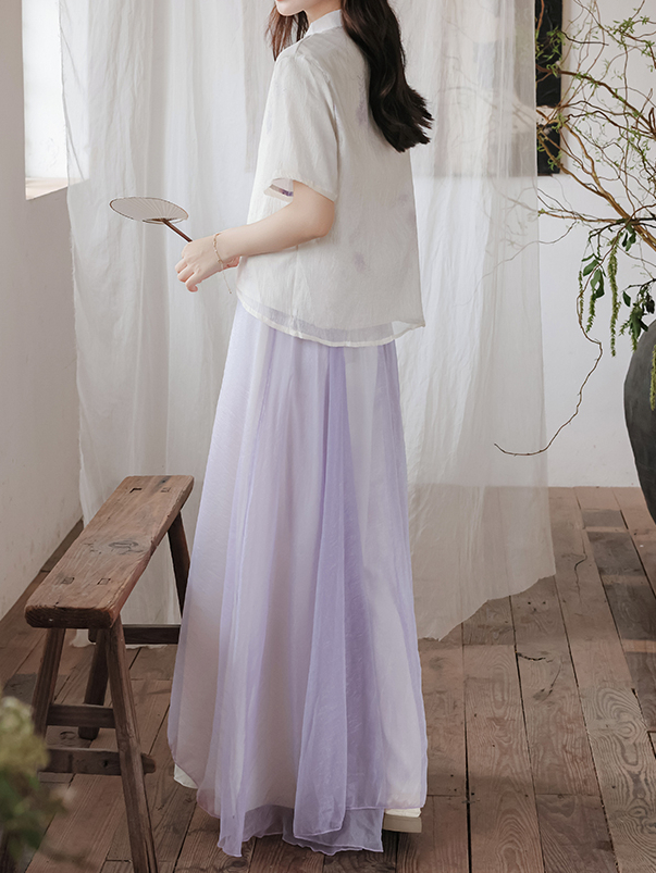 藤萝紫色中式上衣阔腿裤套装