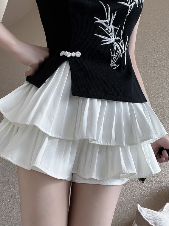 New Chinese Style Embroidered National Style Button Top Design Slimming Pleated Skirt Age-Reducing Workwear Two-Piece Set