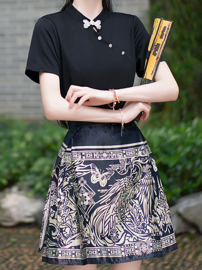 Black Eternal Pattern Horse-face skirt Two-Piece Set黑色图腾短款马面裙套装