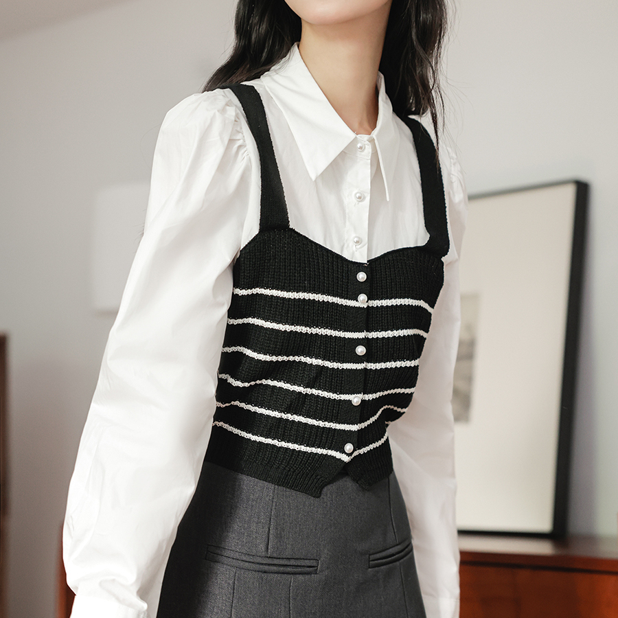 Stripes Knitted Vest Fake Two-Piece Top学院风~条纹针织背心假两件上衣* 2 Colors