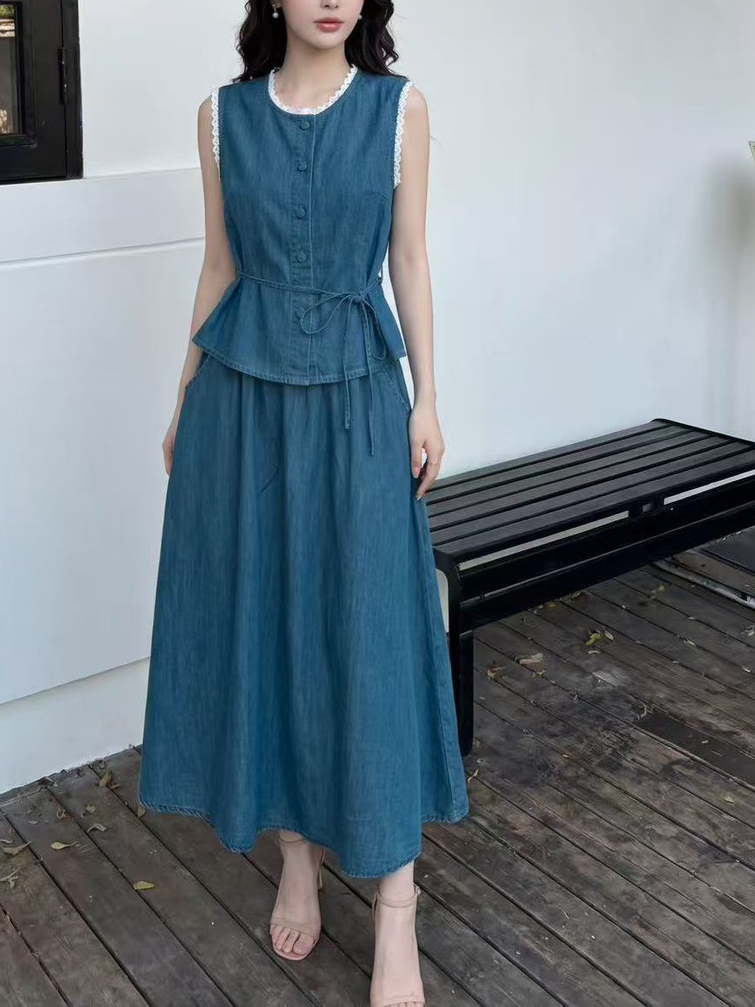 Sweet Lace Denim Maxi Skirt Two-Piece Set 甜美减龄蕾丝牛仔长裙两件套*2 Colors