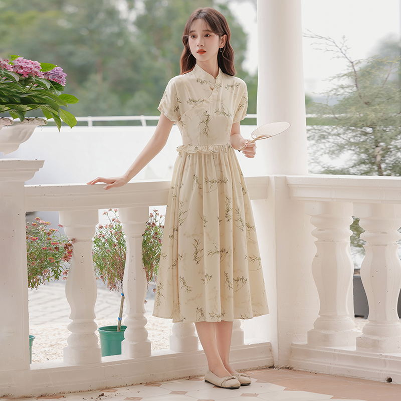Apricot Tencel Bamboo Leaf Printing New Chinese Style Dress Short Sleeve Waist-Controlled Slimming Dress 40