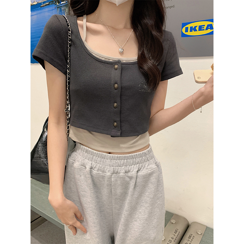 Halter Neck Cropped Top 挂脖假两件短款上衣*2 Colors
