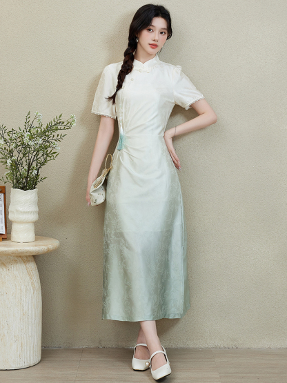 Elegant Slimming Short Sleeve Improved Cheongsam Gradient Blue 渐变碧短袖改良式旗袍裙