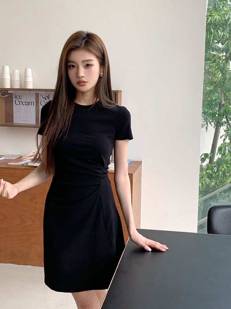Real Shot 2025 Spring Summer New Women's Casual Fashion Pleated Waist Thin Short Sleeve Slim Fit Dress Slimming