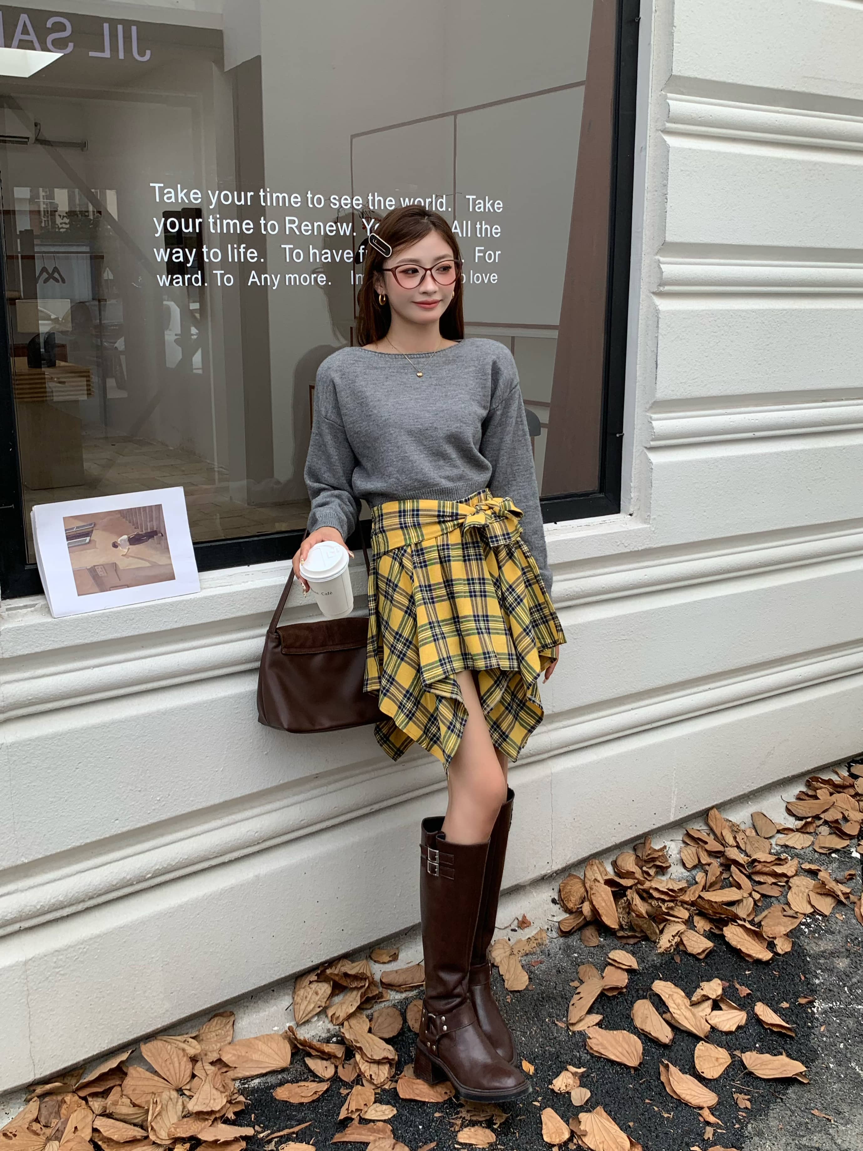 Plaid Ribbon-Tie Asymmetrical Skirt 不规则绑带格纹短裙*4 Colors