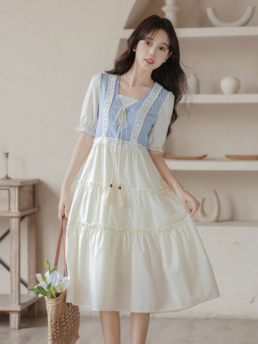 Artistic Vintage Skirt Women's 2024 Summer New Imitation Denim Striped Stitching Fake Two Pieces Short Sleeve Dress 50
