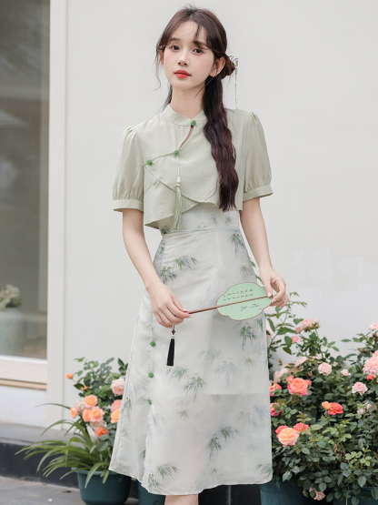 Green Bamboo Floral Two-Piece Set 青竹花语吊带裙罩衫两件套