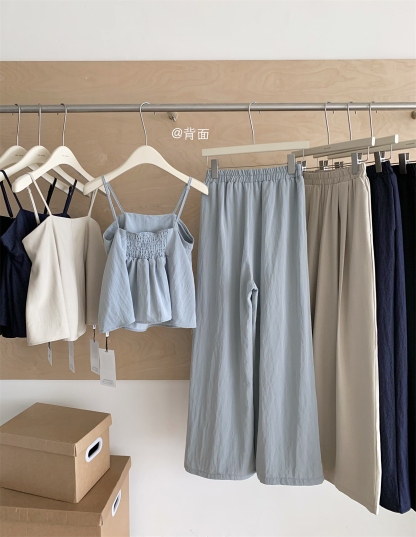 French Style Overall Dress Set Women's Summer Simplicity Temperament Cute Youth-Looking Design Sleeveless Top Wide Leg Pants Two-Piece Set