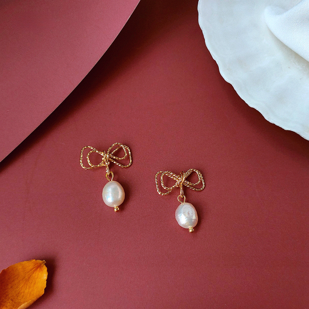 Bright Eyes 925 Silver Needle Plated 14K Real Gold Natural Freshwater Pearl Element Handmade Earrings Female Bow Zircon Earrings