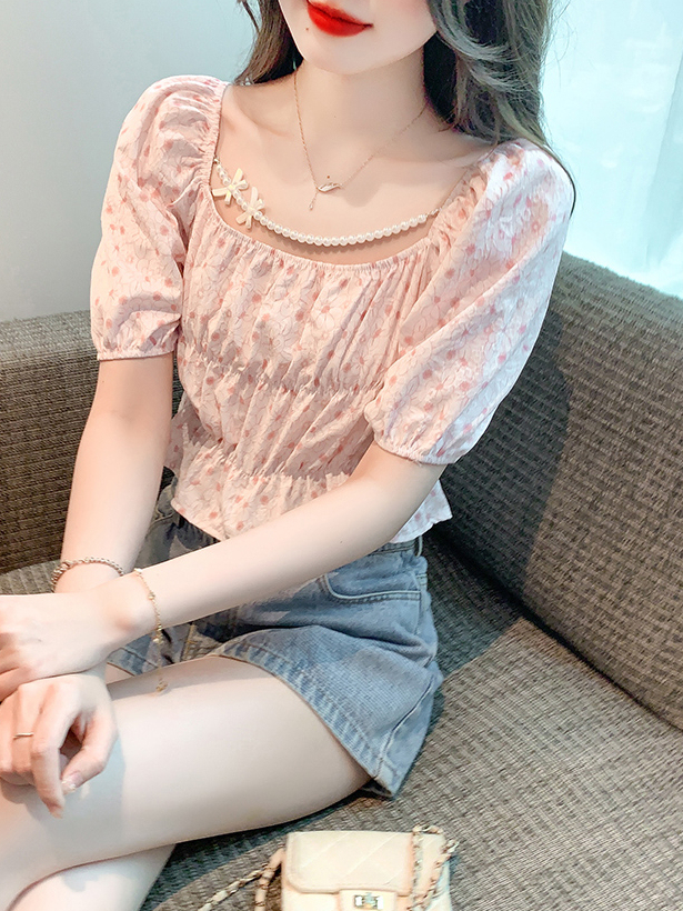 Real Shot ~ in Stock 2023 Summer New Design Sense Waist Trimming Short Floral Top French Square Collar Puff Sleeve Women