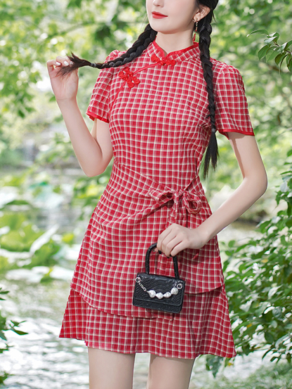 复古格子中式连身裙*2 Colors