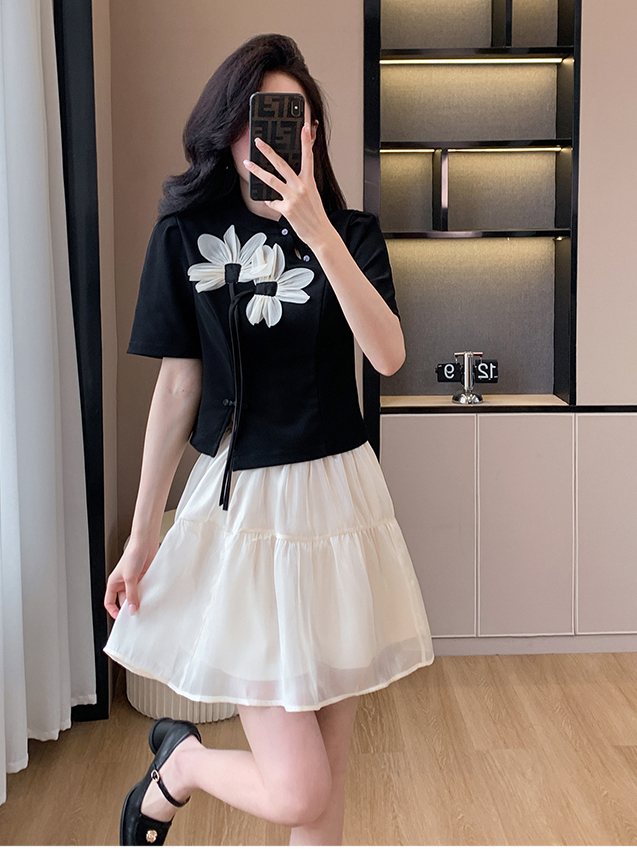 盘扣旗袍连衣裙 Improved Cheongsam Top Puff Skirt Two-Piece Set