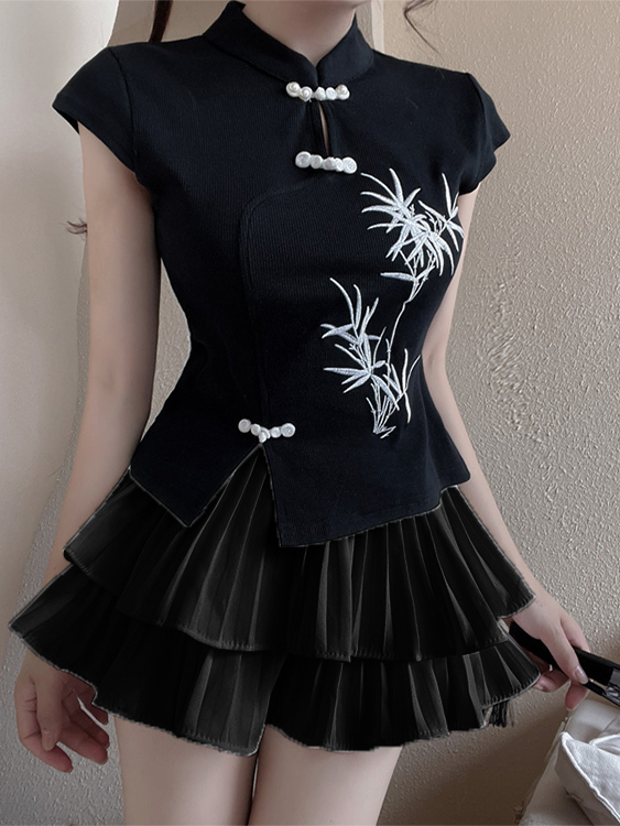 New Chinese Style Embroidered National Style Button Top Design Slimming Pleated Skirt Age-Reducing Workwear Two-Piece Set