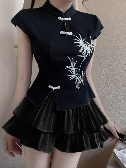 New Chinese Style Embroidered National Style Button Top Design Slimming Pleated Skirt Age-Reducing Workwear Two-Piece Set