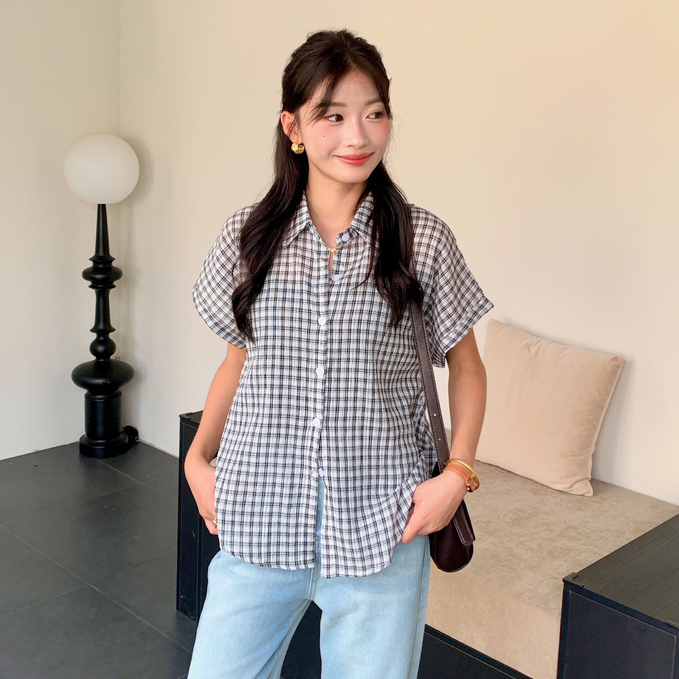 Casual Retro Plaid Blouse 复古风短袖格子衬衫*2 Colors