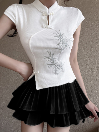 New Chinese Style Embroidered National Style Button Top Design Slimming Pleated Skirt Age-Reducing Workwear Two-Piece Set