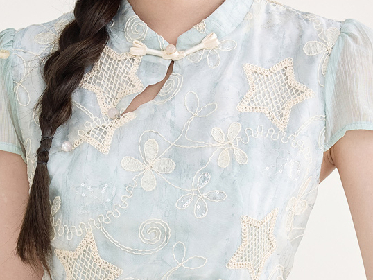 蓝色气质假两件印花连衣裙 Summer New Chinese Style Jacquard Embroidered Qipao Dress Fake Two-Piece Irregular Elegant Dress