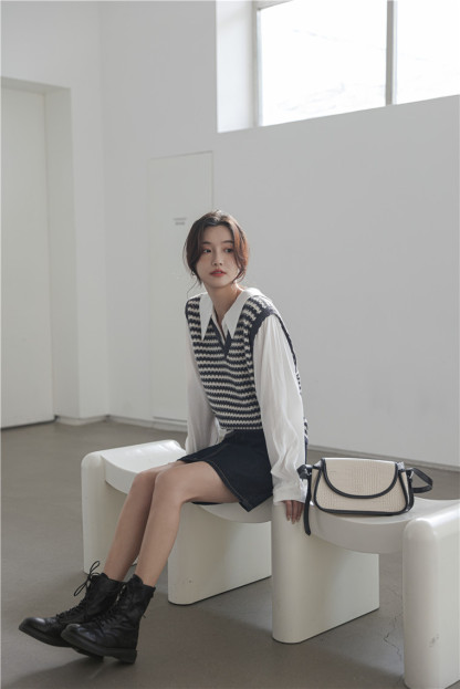 Faux Layered Knit Vest Shirt 知性小姐姐~假两件针织马甲长袖衬衫*2 Colors