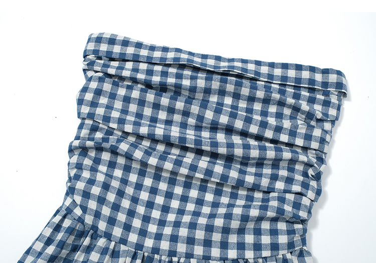 Real shot of the new 2025 spring-summer black, white, and blue plaid off-shoulder strapless design long elegant dress for women