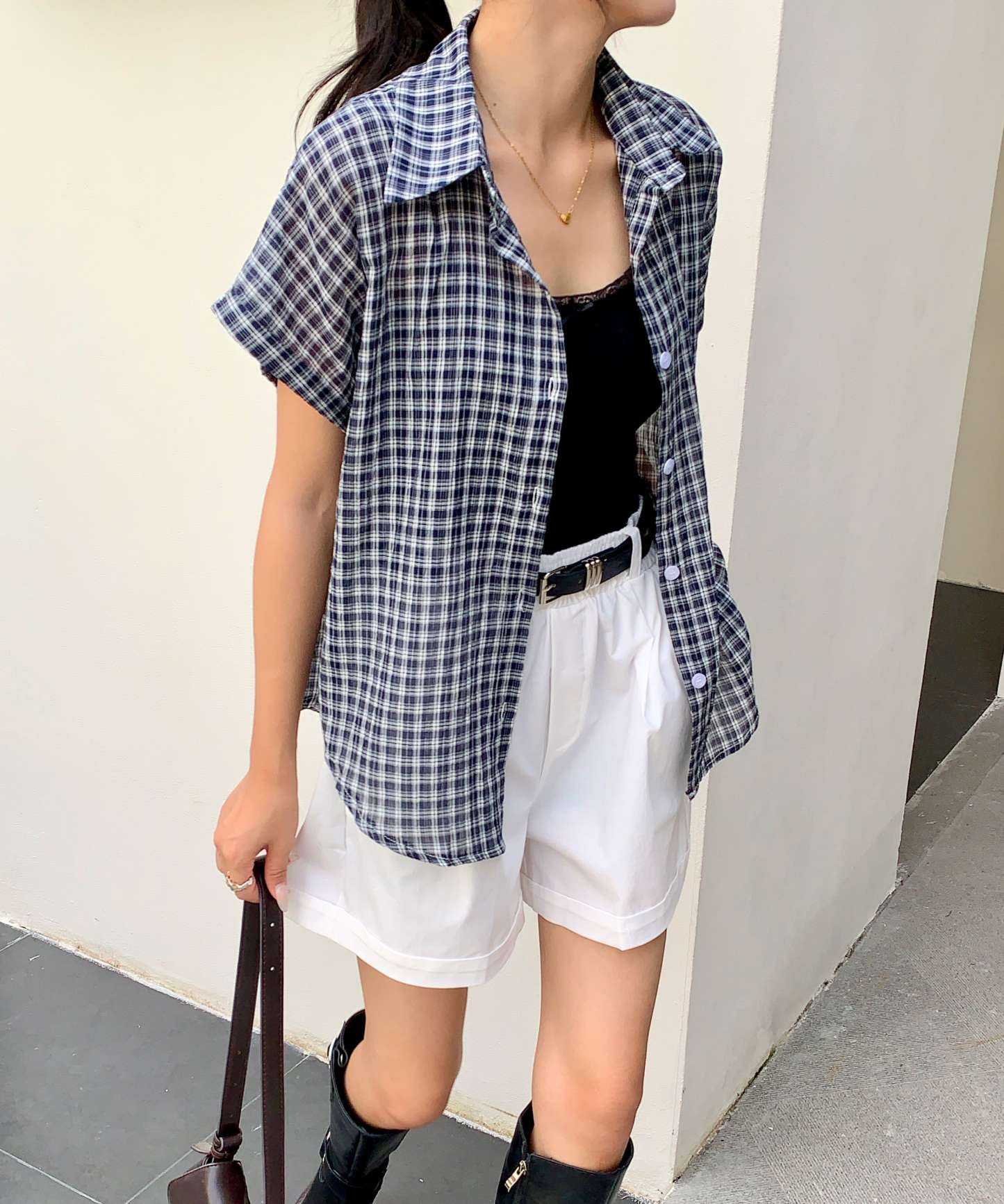 Casual Retro Plaid Blouse 复古风短袖格子衬衫*2 Colors