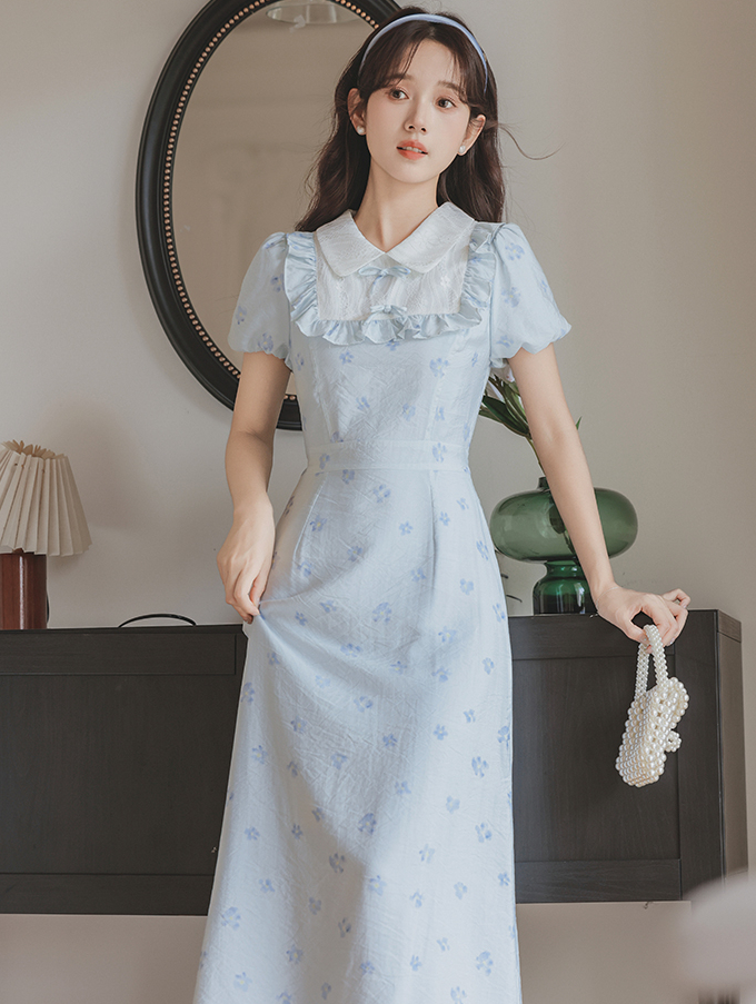 Vintage Bow Short Sleeve Dress Women's Summer Design Sense Niche Commuter College Style Dress Women 50