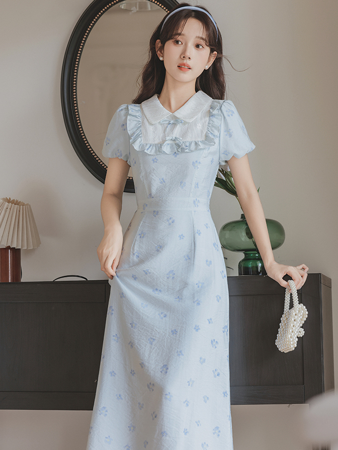 Vintage Bow Short Sleeve Dress Women's Summer Design Sense Niche Commuter College Style Dress Women 50