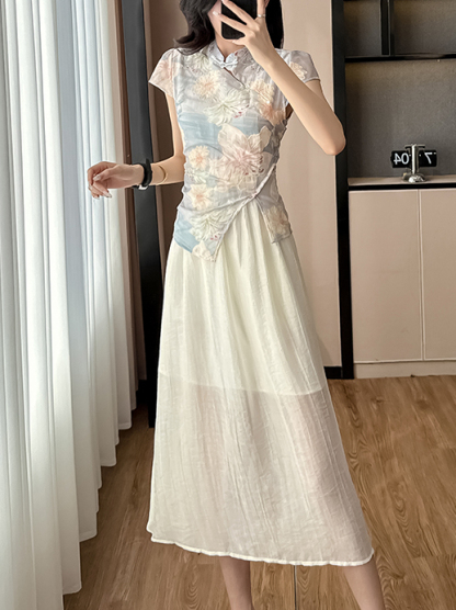 气质假两件印花连衣裙 New Chinese Style Improved Cheongsam Dress for Women Summer 2025 New Slim Fit Elegant Fake Two-Piece Printed Dress