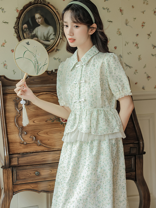 Green Shivering Embroidery Suit New Chinese Style Puff Sleeve Top Women's Fresh Sweet Skirt Price Limit 40