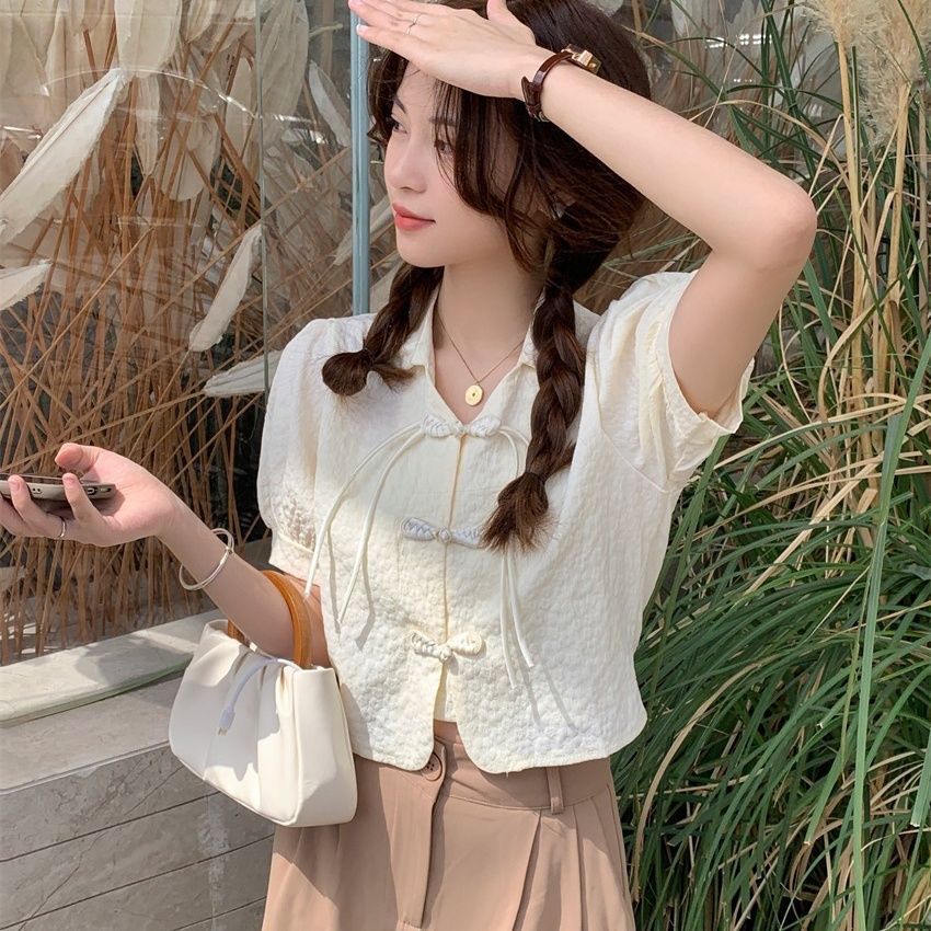 Retro Buckle Shirt Women's Clothing Puff Sleeve Top Design Sense Niche Summer New Style White French Short Sleeve Shirt