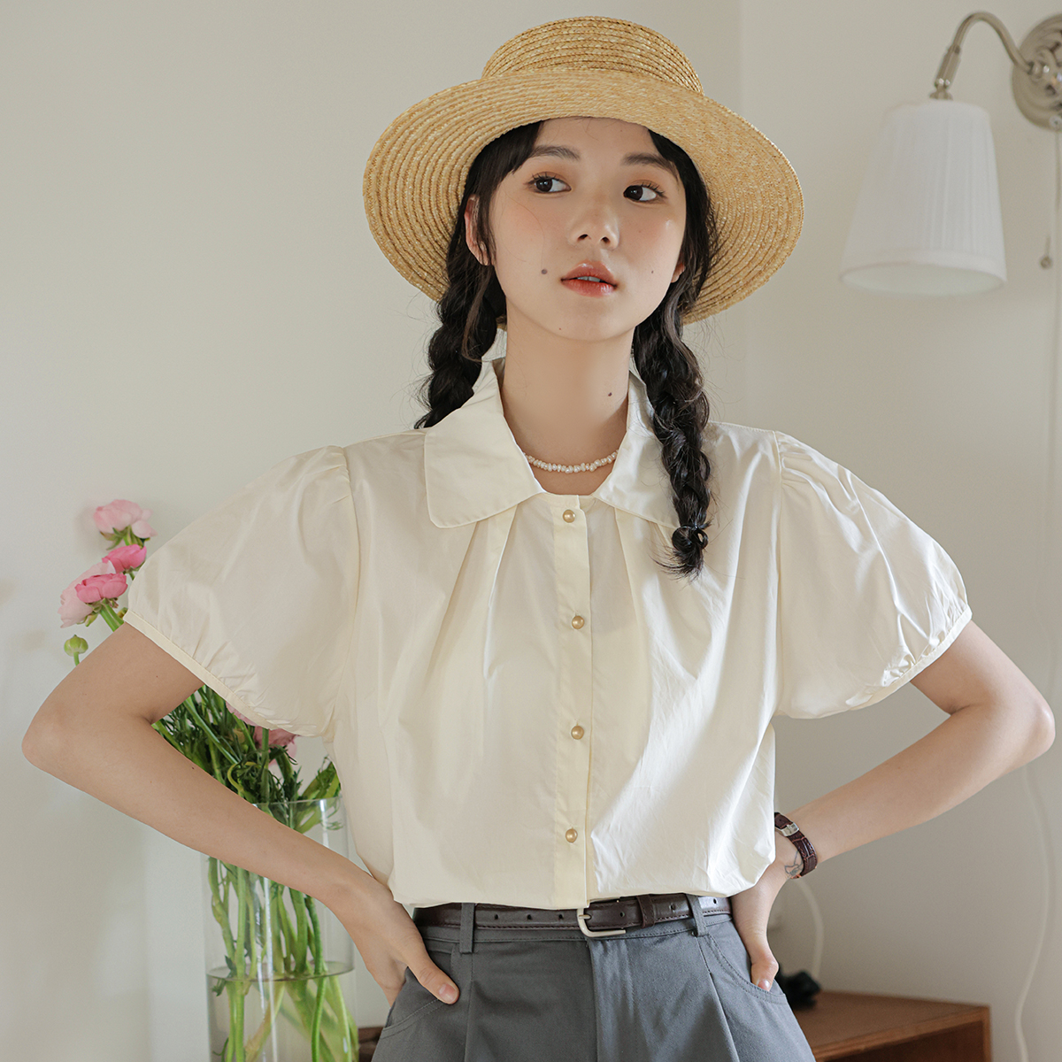 Metal Buttoned Doll Collar Blouse 金属扣娃娃领短袖衬衫*2Colors