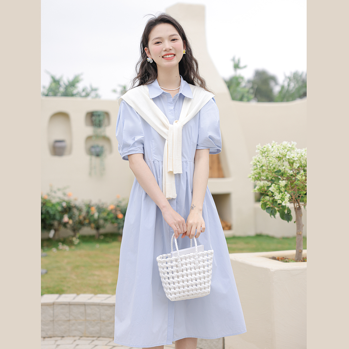 Polo Buttoned Dress with Knit Shawl 排扣连衣裙+针织披肩 *2 Colors