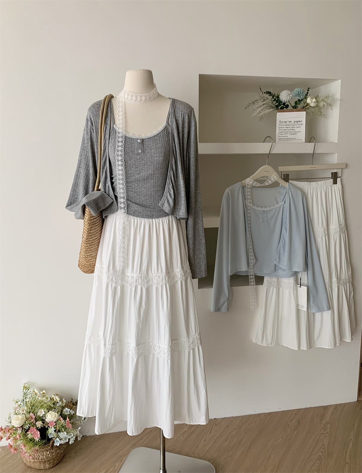 飘带开衫吊带半身裙三件套