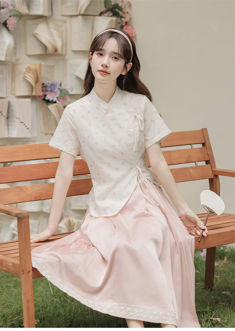 Chinese Style Pink Floral Stand Collar Shirt Tie Top Pink Bamboo Pattern Lace Half Skirt 粉色碎花衬衫+蕾丝半身裙两件套