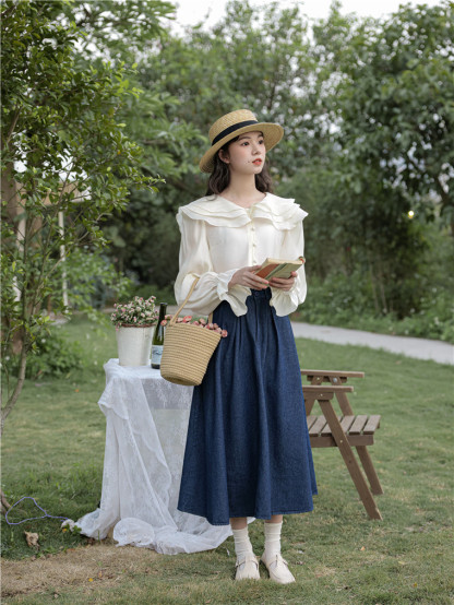 温柔小女人~甜美韩系荷叶领喇叭袖上衣*3色