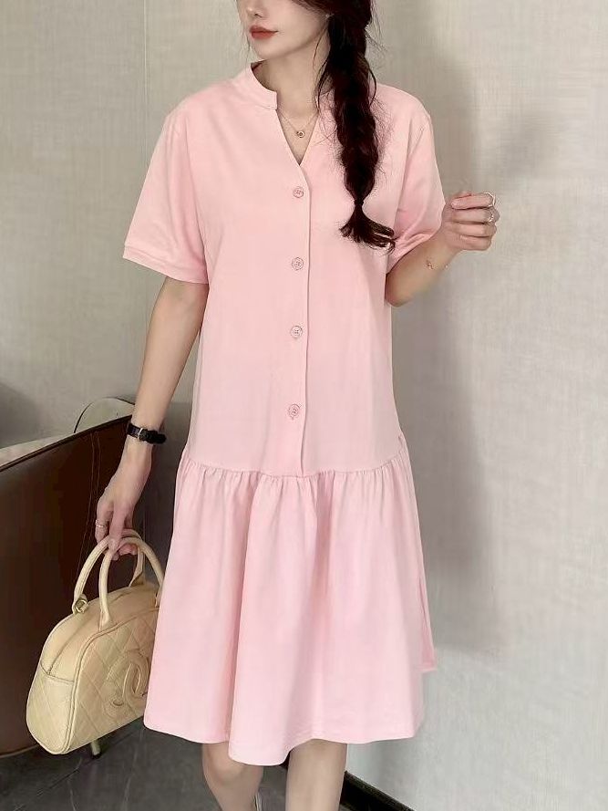 Button Front Ruffle Hem Dress 温柔系V领排扣连衣裙* 4 Colors