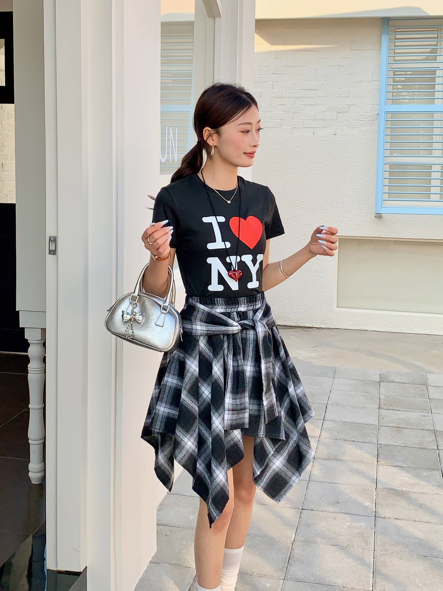 Plaid Ribbon-Tie Asymmetrical Skirt 不规则绑带格纹短裙*4 Colors