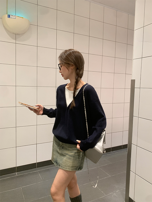 慵懒撞色假两件毛衣* 2 Colors