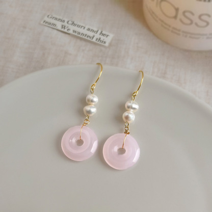 Pink Pearl Jade Hoop Earrings 粉色珍珠玉环耳环
