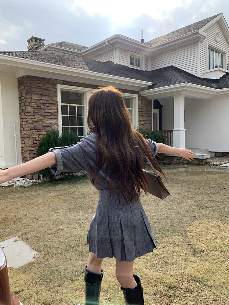 Commuter Faux Denim Shirt Top Women Niche Pleated Short Skirt Two-Piece Set 仿牛仔衬衫+百褶短裙两件套