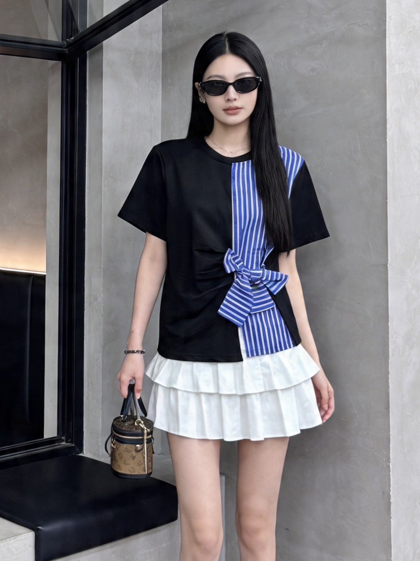 Blue Striped Bow Tie Waist Top蓝白条纹拼接蝴蝶结收腰上衣*5 Colors