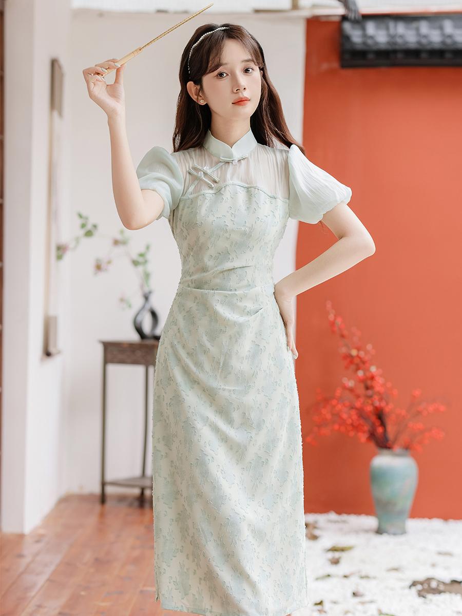 Uragiri Yarn Mint Mambo Style New Chinese Improved Cheongsam Dress Green Fake Two Pieces Girl Cheongsam Skirt 40