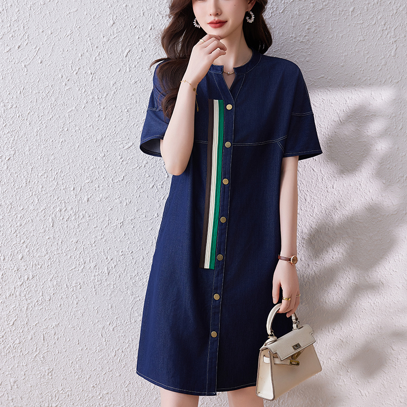 Real Shot Spot 2024 New Fashion V-neck Denim Dress Women's Summer Casual A- line Dress Cool Feeling Large-Sized Skirt