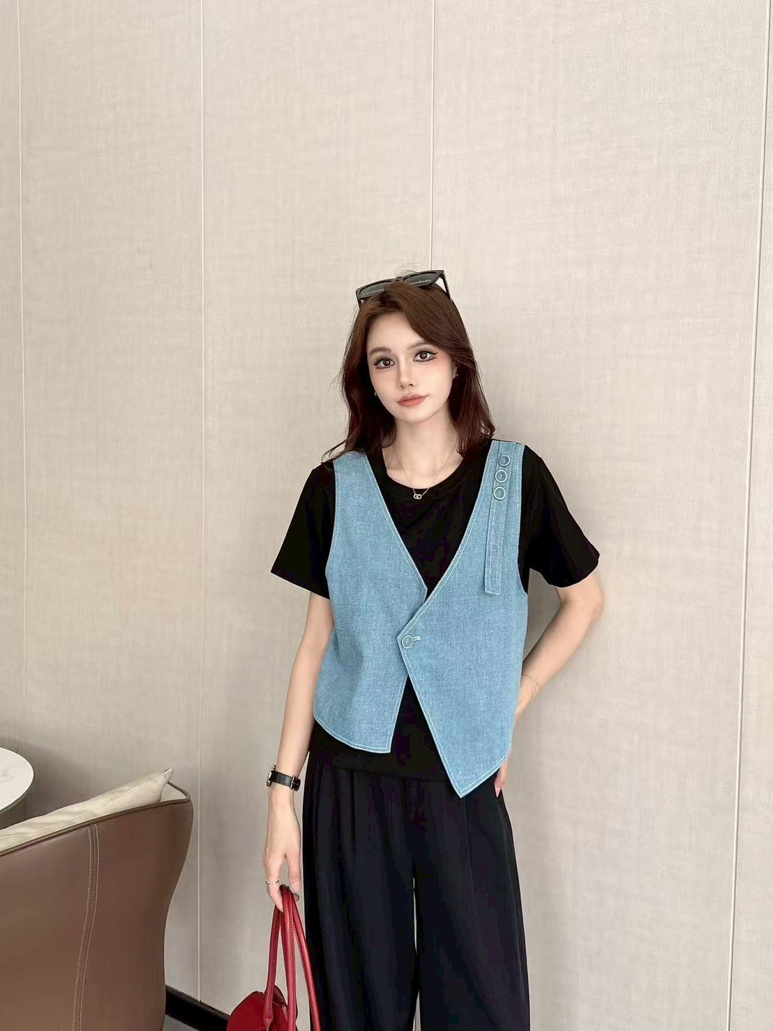 Denim Vest Faux Two-Piece Top 牛仔马甲假两件上衣*4 Colors