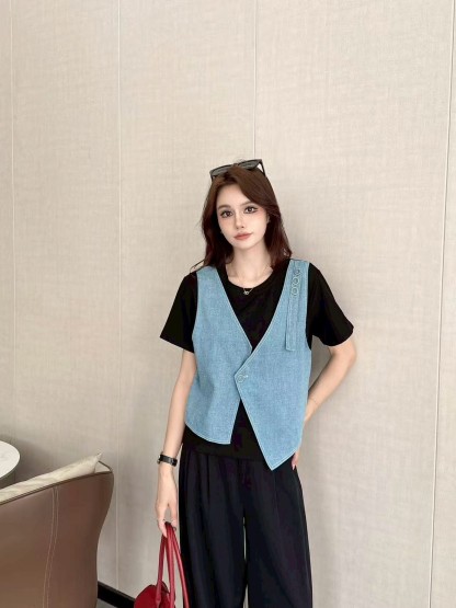 Denim Vest Faux Two-Piece Top 牛仔马甲假两件上衣*4 Colors