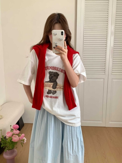 Skateboard Bear Print Oversized T-Shirt 滑板小熊✤ins小熊印花宽松T恤*2 Colors