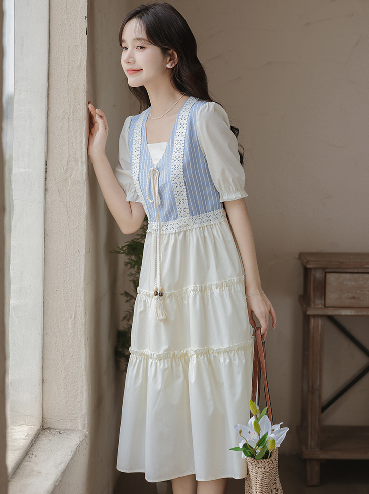 Artistic Vintage Skirt Women's 2024 Summer New Imitation Denim Striped Stitching Fake Two Pieces Short Sleeve Dress 50